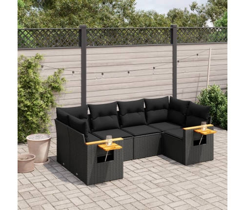 Set de sofás de jardín 6 piezas y cojines ratán sintético negro
