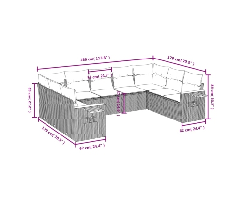 Set de sofás de jardín 9 pzas con cojines ratán sintético beige