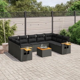 Set de sofás de jardín 10 pzas cojines ratán sintético negro