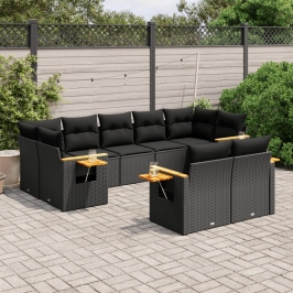 Set de sofás de jardín 8 piezas y cojines ratán sintético negro