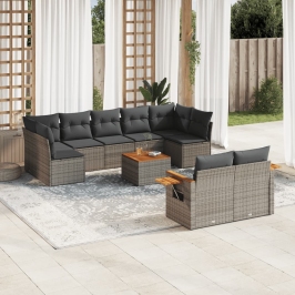 Set de sofás de jardín 10 pzas con cojines ratán sintético gris