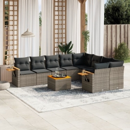 Set de sofás de jardín 10 pzas con cojines ratán sintético gris