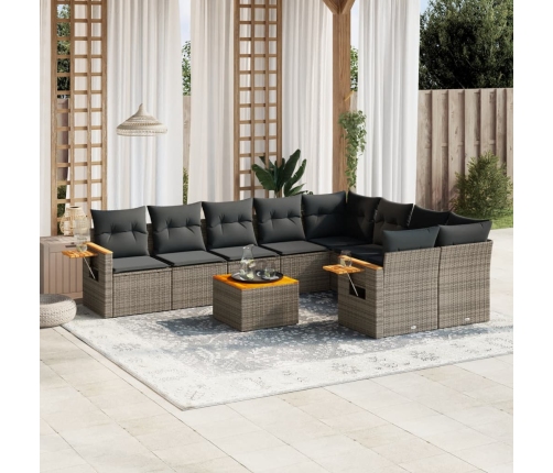 Set de sofás de jardín 10 pzas con cojines ratán sintético gris