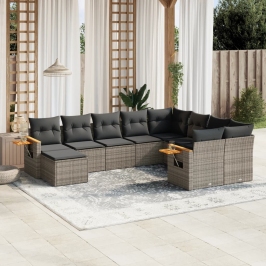 Set de sofás de jardín 10 pzas con cojines ratán sintético gris