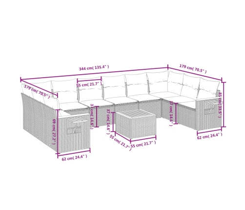 Set de sofás de jardín 11 pzas y cojines ratán sintético gris