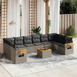 Set de sofás de jardín 11 pzas y cojines ratán sintético gris