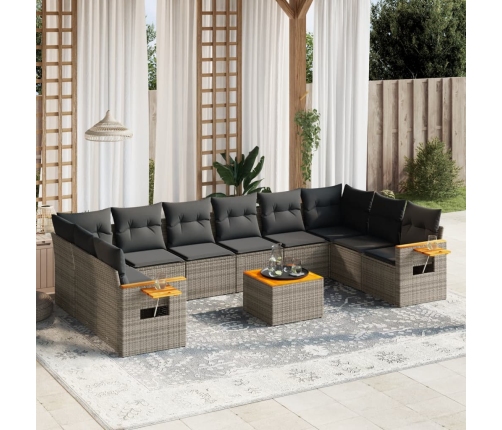 Set de sofás de jardín 11 pzas y cojines ratán sintético gris