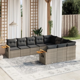 Set de sofás de jardín 10 pzas con cojines ratán sintético gris