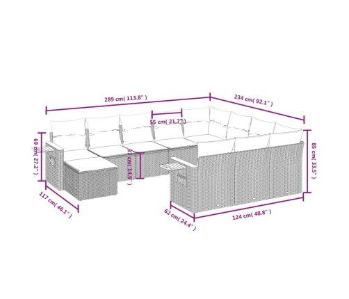 Set de sofás de jardín 11pzas con cojines ratán sintético beige