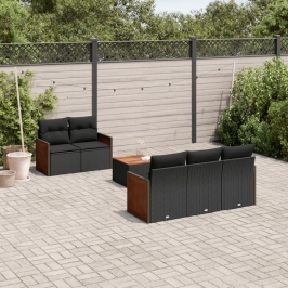 Set de sofás de jardín 6 piezas y cojines ratán sintético negro