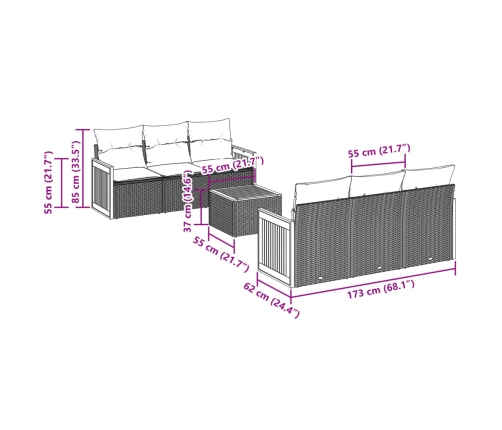 Set de comedor de jardín 7 pzas y cojines ratán sintético negro