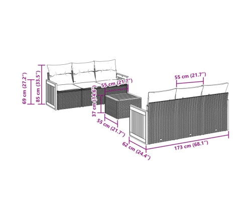 Set de comedor de jardín 7 pzas y cojines ratán sintético negro