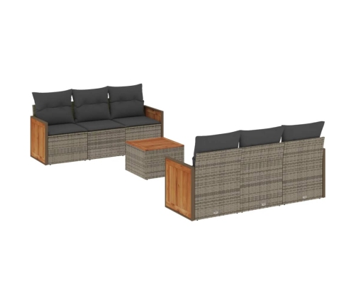 Set de sofás de jardín 7 piezas con cojines ratán PE gris