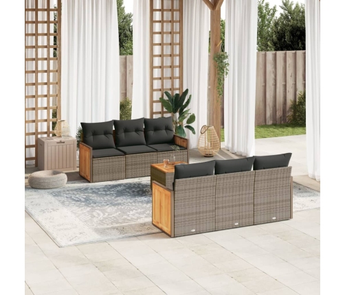 Set de sofás de jardín 7 piezas con cojines ratán PE gris