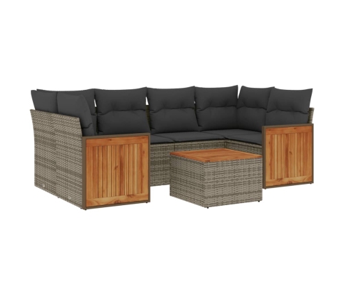 Set de sofás de jardín 7 piezas con cojines ratán PE gris