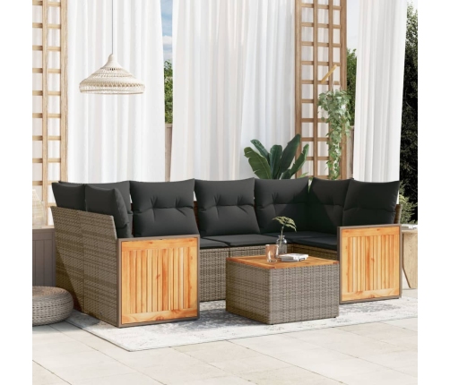 Set de sofás de jardín 7 piezas con cojines ratán PE gris