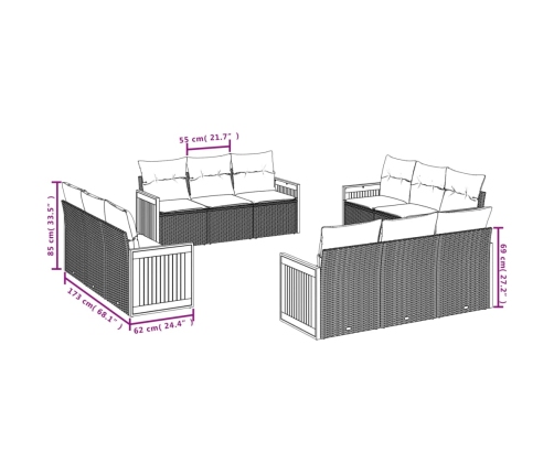 Set de sofás de jardín 12 pzas y cojines ratán sintético marrón
