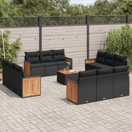 Set de sofás de jardín y cojines 13 pzas ratán sintético negro