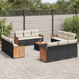 Set de sofás de jardín y cojines 13 pzas ratán sintético negro