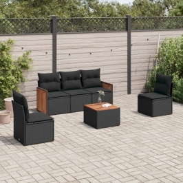 Set de sofás de jardín 6 piezas y cojines ratán sintético negro