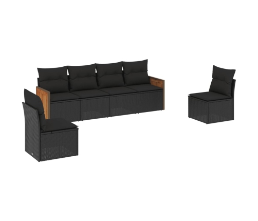 Set de sofás de jardín 6 piezas y cojines ratán sintético negro