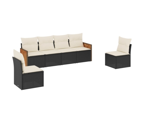 Set de sofás de jardín 6 piezas y cojines ratán sintético negro