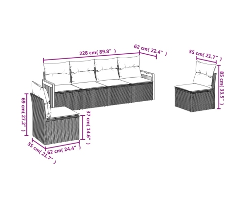 Set de sofás de jardín 6 piezas y cojines ratán sintético negro