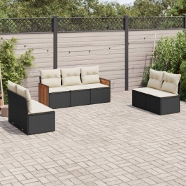 Set de comedor de jardín 7 pzas y cojines ratán sintético negro