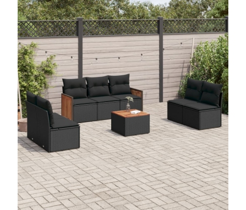 Set de sofás de jardín 8 piezas y cojines ratán sintético negro