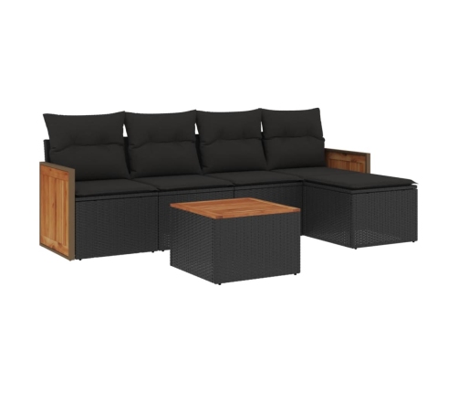 Set de sofás de jardín 6 piezas y cojines ratán sintético negro