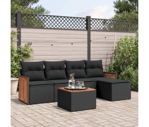 Set de sofás de jardín 6 piezas y cojines ratán sintético negro