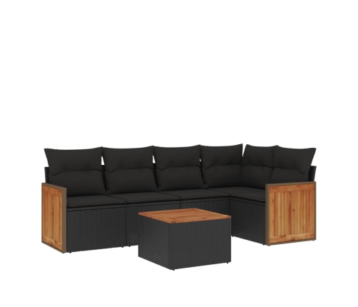 Set de sofás de jardín 6 piezas y cojines ratán sintético negro
