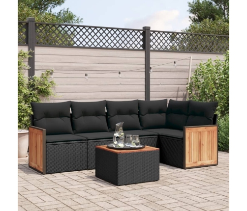 Set de sofás de jardín 6 piezas y cojines ratán sintético negro