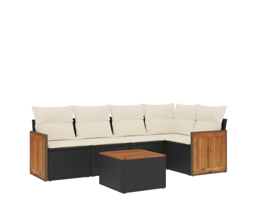 Set de sofás de jardín 6 piezas y cojines ratán sintético negro