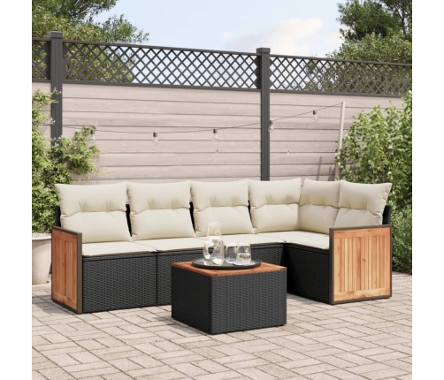 Set de sofás de jardín 6 piezas y cojines ratán sintético negro
