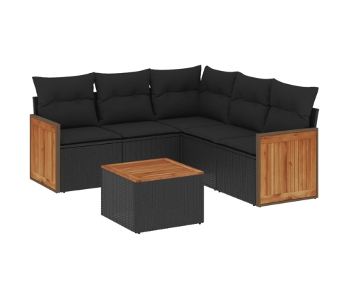 Set de sofás de jardín 6 piezas y cojines ratán sintético negro