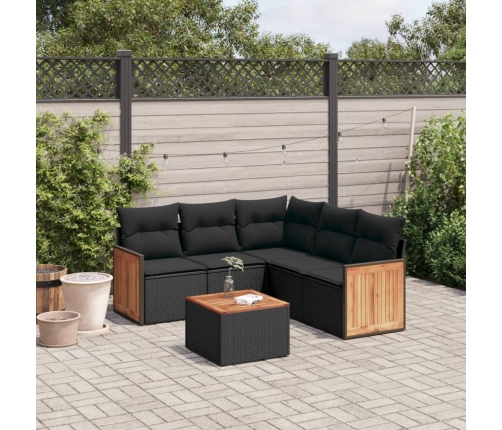 Set de sofás de jardín 6 piezas y cojines ratán sintético negro