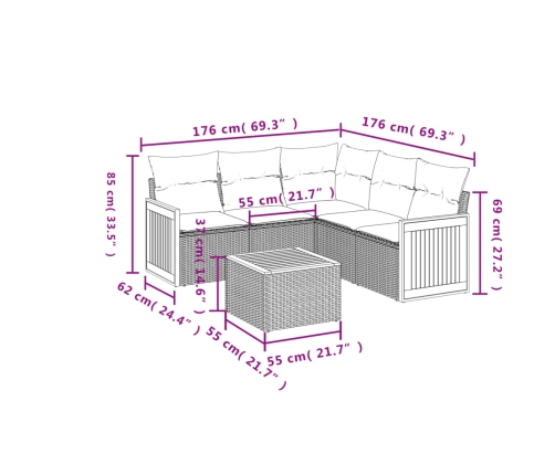 Set de muebles de jardín 6 pzas y cojines ratán sintético gris