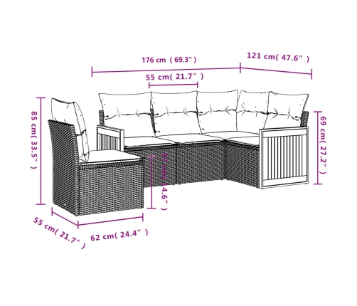 Set de muebles de jardín 5 pzas y cojines ratán sintético negro