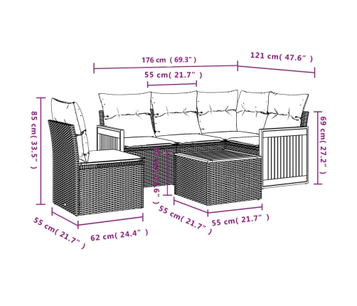 Set de muebles de jardín 6 pzas y cojines ratán sintético gris
