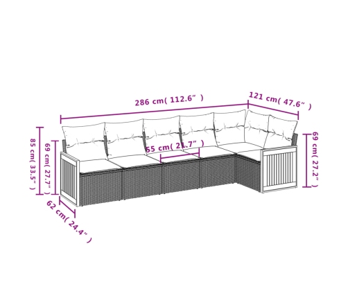 Set de muebles de jardín 6 pzas y cojines ratán sintético gris