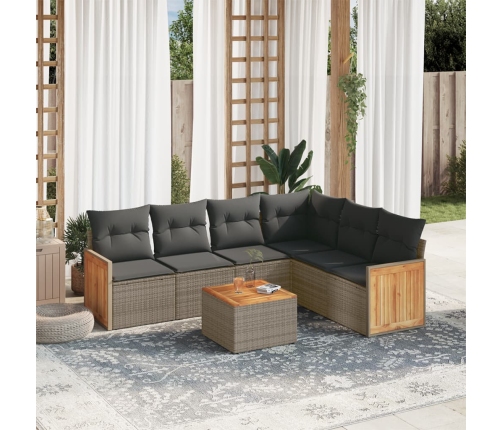 Set de sofás de jardín 7 piezas con cojines ratán PE gris