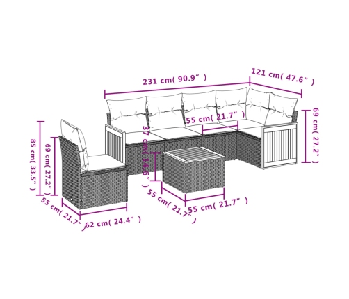 Set de comedor de jardín 7 pzas y cojines ratán sintético negro