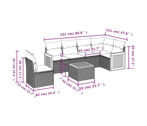 Set de comedor de jardín 7 pzas y cojines ratán sintético negro