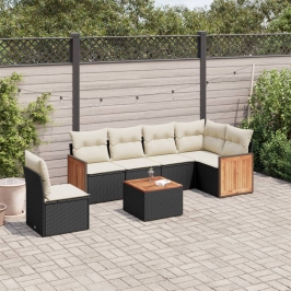 Set de comedor de jardín 7 pzas y cojines ratán sintético negro
