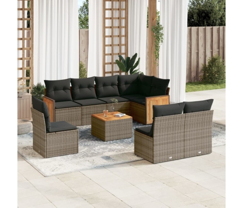 Set de muebles de jardín 9 pzas y cojines ratán sintético gris