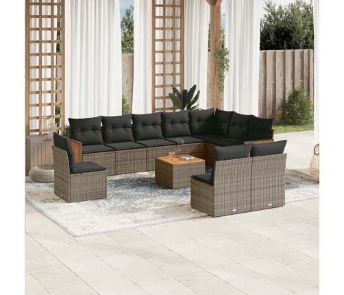 Set de sofás de jardín 11 pzas y cojines ratán sintético gris