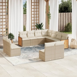 Set de sofás de jardín 11pzas con cojines ratán sintético beige