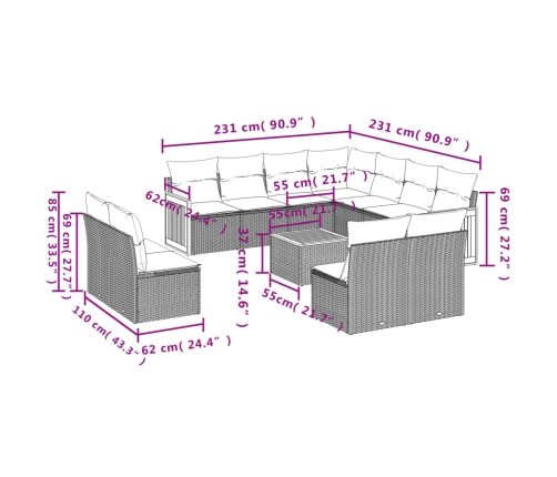 Set de sofás de jardín 12 pzas y cojines ratán sintético marrón
