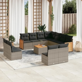 Set de sofás de jardín 12 pzas con cojines ratán sintético gris
